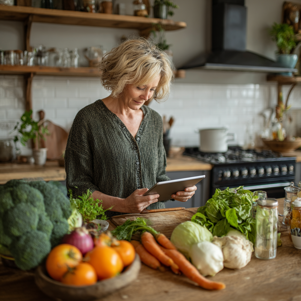 Жінка 52 років готує здорову їжу за персональним рецептом на сучасній кухні, використовуючи планшет з додатком flemdarost