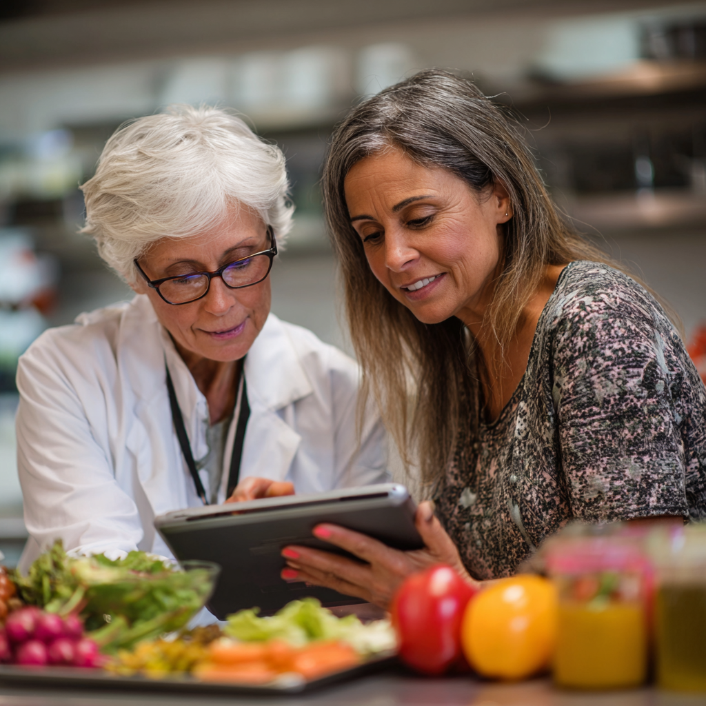 Лікар-дієтолог віком 56 років консультує пацієнта, показуючи на планшеті персональний план харчування з додатку flemdarost