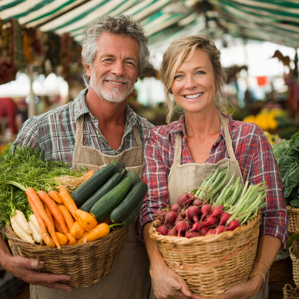Пара віком 58 років обирає свіжі органічні продукти на фермерському ринку, тримаючи кошики з різнокольоровими овочами та фруктами