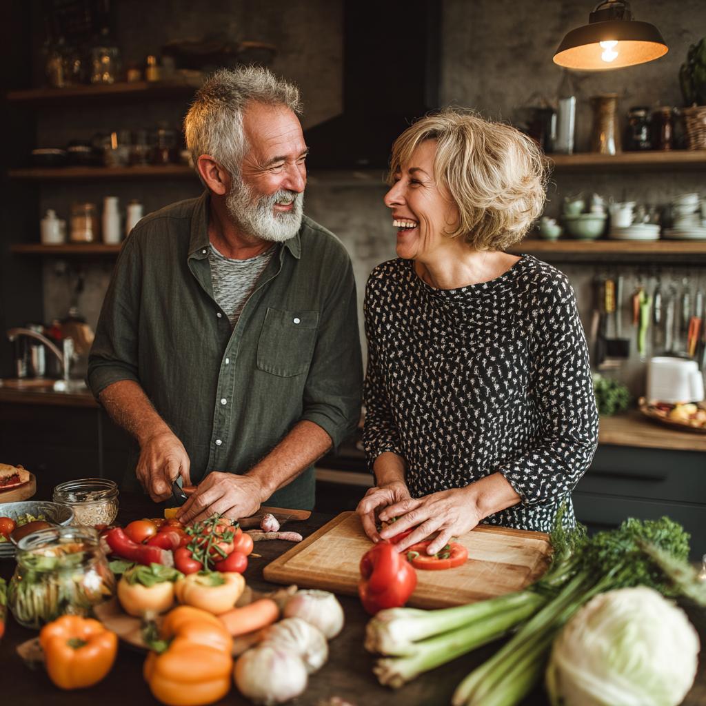 Чоловік та жінка 55 років готують здорову їжу на кухні, посміхаючись та насолоджуючись процесом приготування